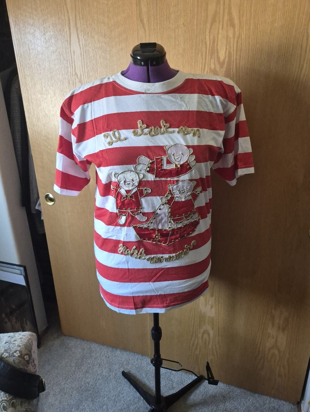 Vintage One of kind red and white stripe shirt, w Decorative embroider bears